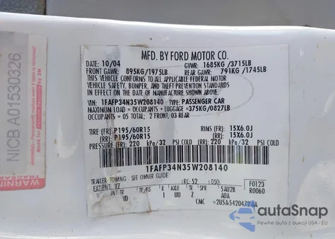 2005 Ford Focus Zx4 из США, поврежденный, VIN 1FAFP34N35W208140